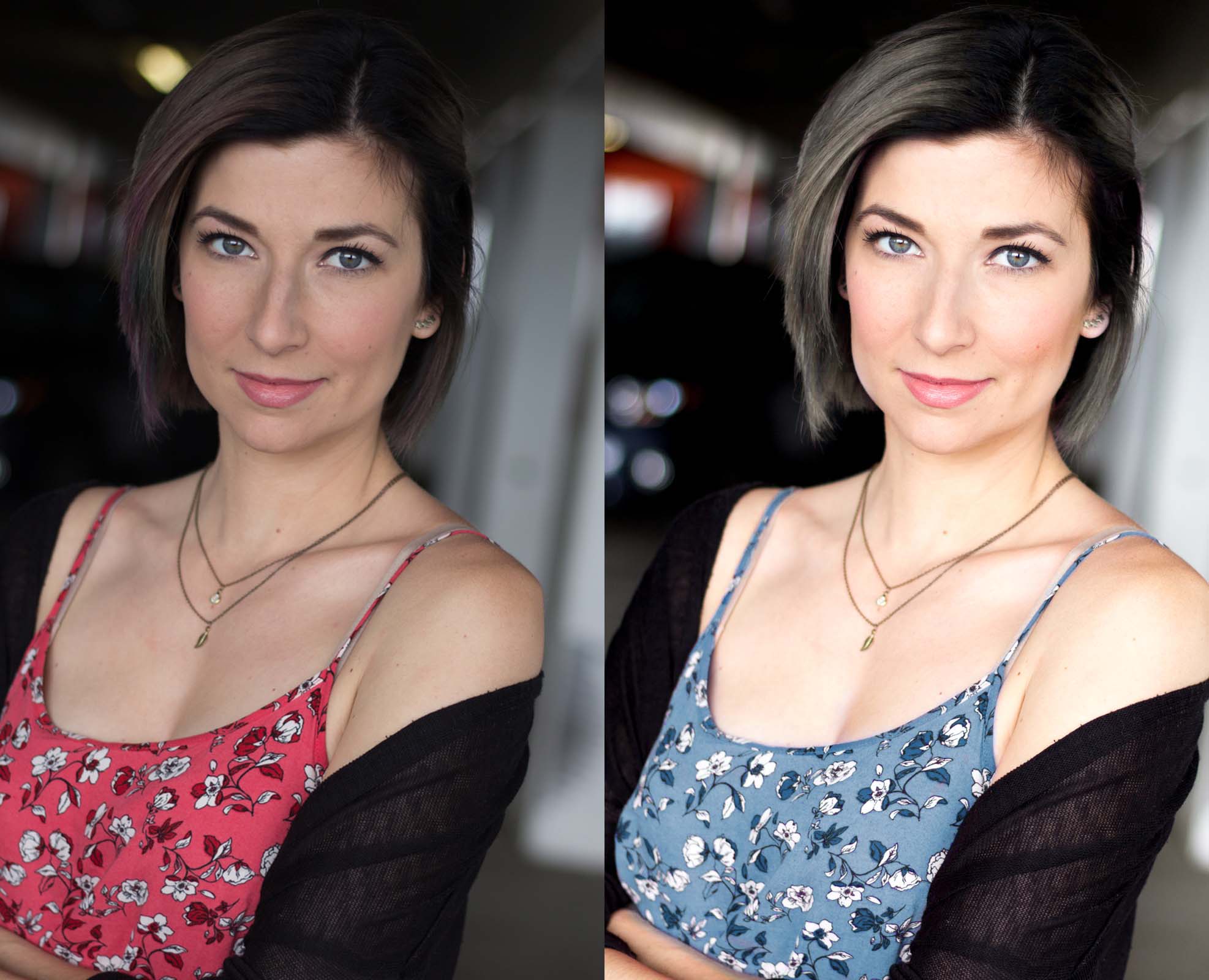 Headshot side by side comparison of retouching and color changes